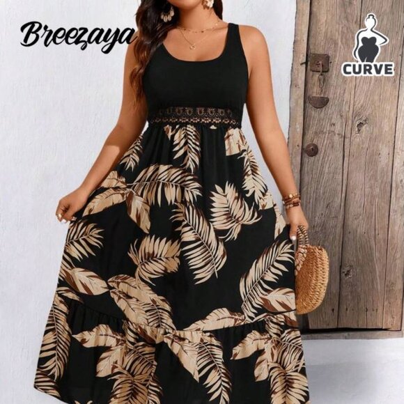Women's Leaf Printed Sleeveless Boho Dress - Picture 1 of 4